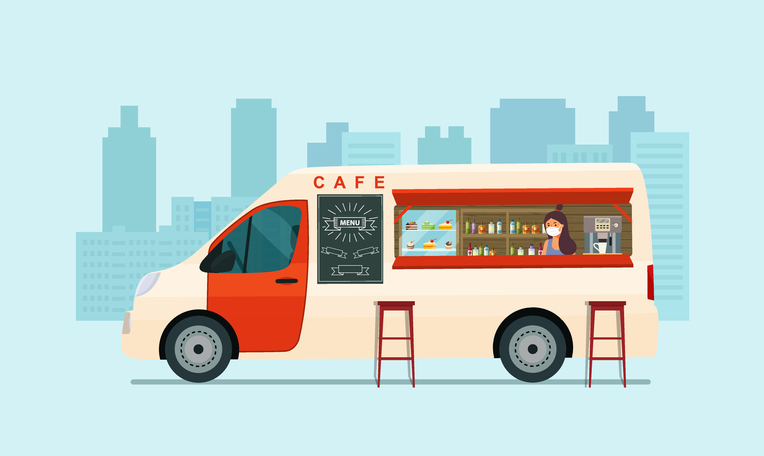 Foodtrack van with a seller in a medical mask isolated. Cafe on wheels. Vector illustration.